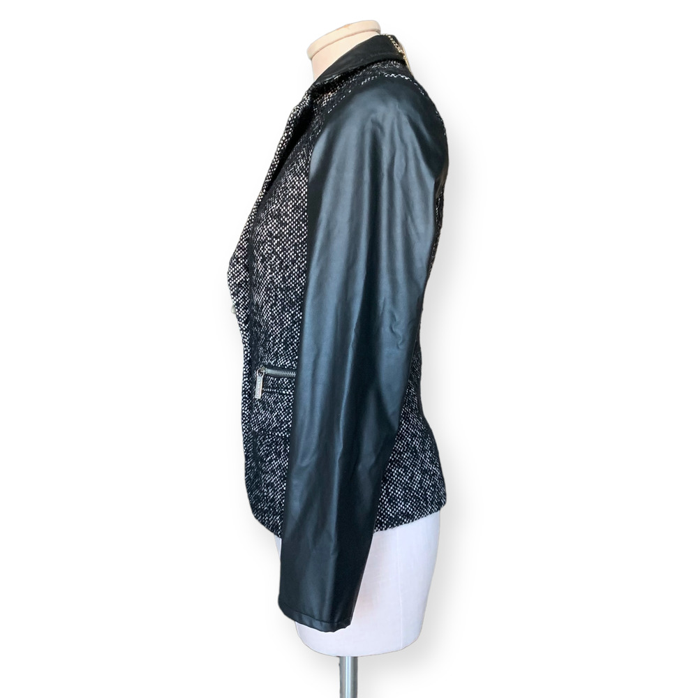 MICHAEL KORS Leather Wool Blend Tweed Sport Coat Jacket Blazer Black Fall Size 4 - Picture 4 of 11